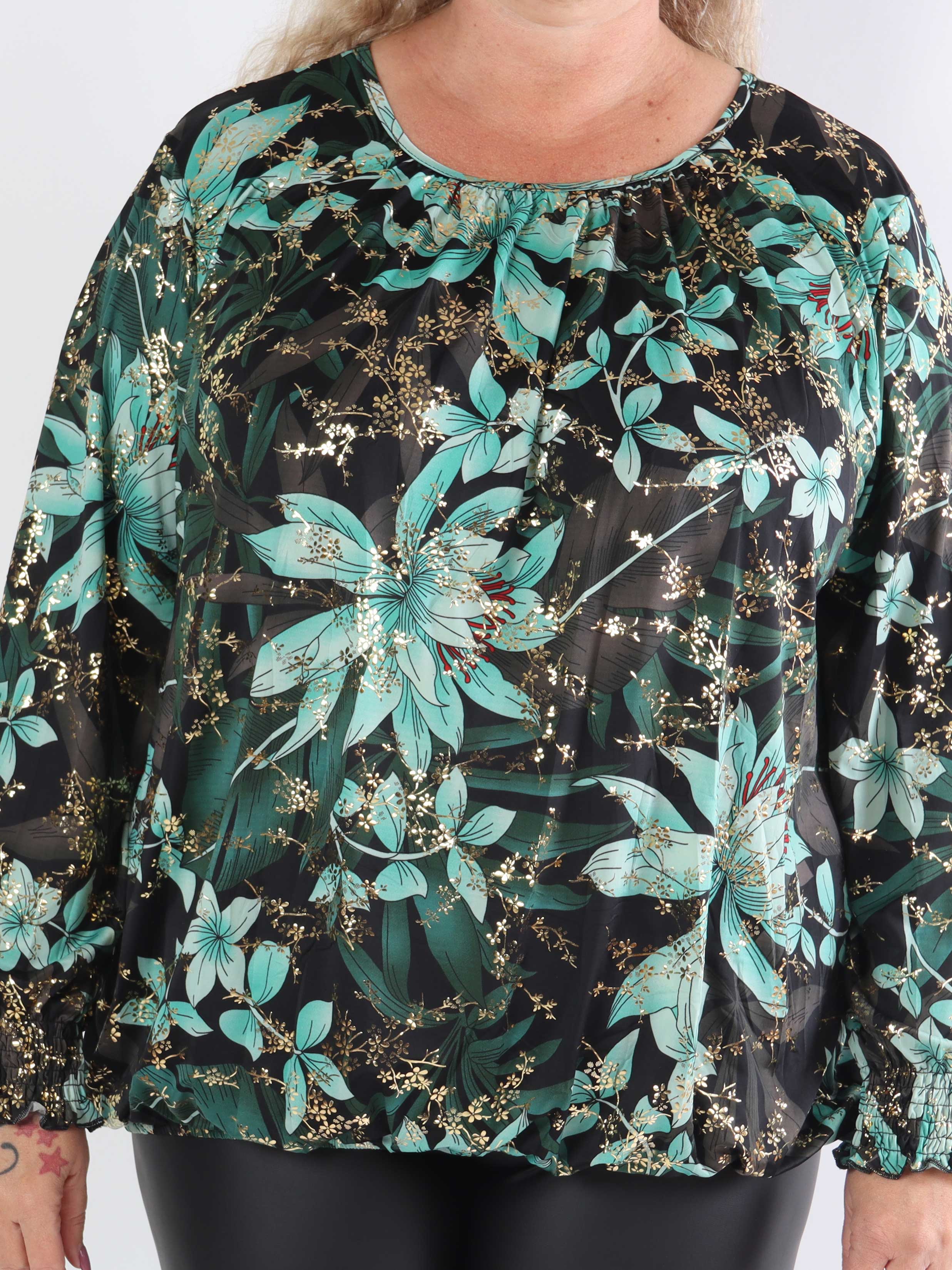 Miracle Gold Flower L/S - Blommig elastisk plus size-blus
